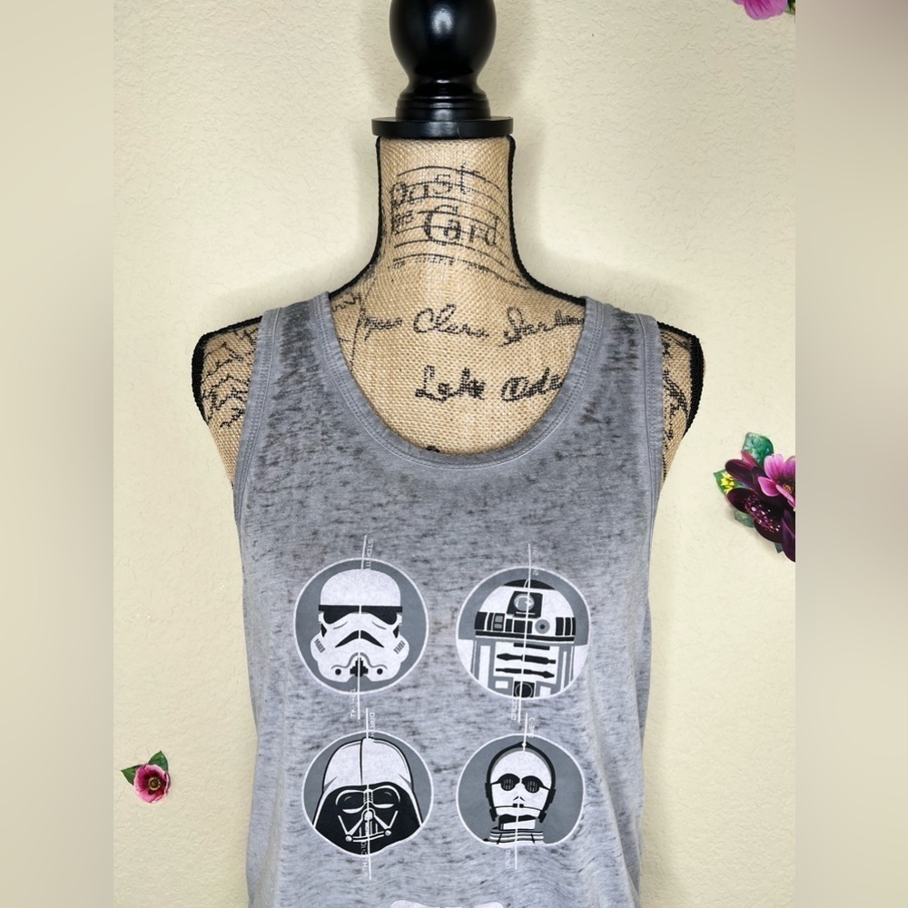 Star Wars Distressed Look Grey Tank Top with Darth Vader, R2-D2, C-3PO Size L - Picture 3 of 13